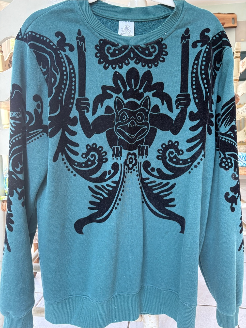 Disney Haunted Mansion Emerald Crewneck Sweater with Black Graphic Velvet Motif